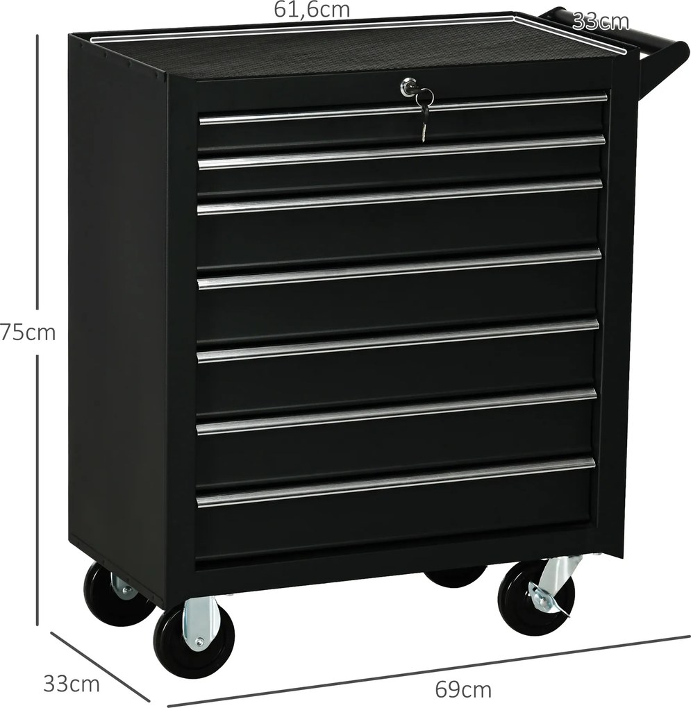 Carrinho de Ferramentas com 7 Gavetas Rodas Trava Armário de Armazenamento para Oficina de Garagem e Chapa de Aço 69x33x75 cm Preto