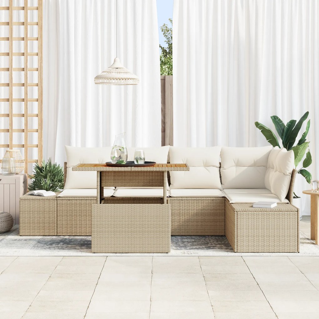 Conjunto de Sofá para Jardim com 6 Peças e Almofadas Bege Rattan Polip