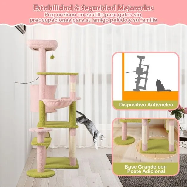 Arranhador para gatos de 148 cm com vários níveis com poleiro, rede, postes de rede e raspador de sisal Rosa e verde