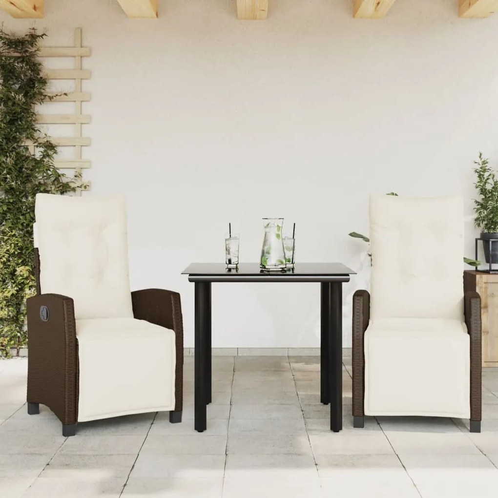 vidaXL 3 pcs conjunto jantar p/ jardim c/ almofadões vime PE castanho