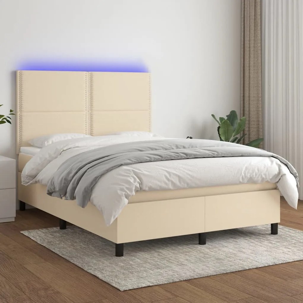 Cama box spring c/ colchão e LED 140x200 cm tecido cor creme