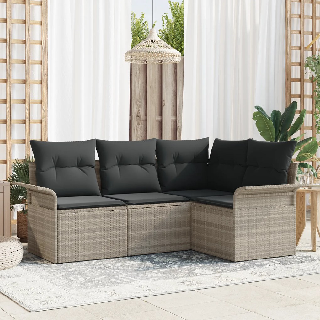 Conjunto de sofá de jardim de 4 peças com almofadas cinza-claro rattan