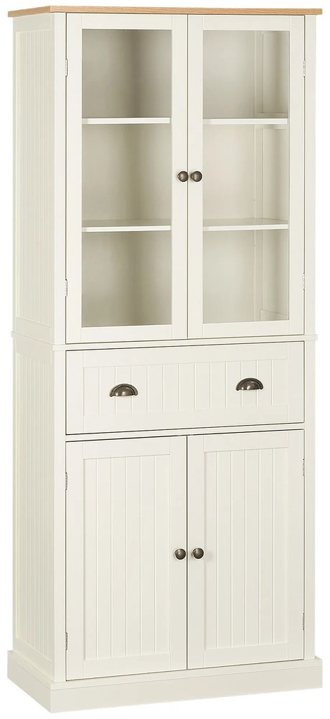 Armário de Cozinha com 2 Portas de Vidro 1 Gaveta e Prateleira Ajustável Móvel Auxiliar de Cozinha Anti-Tombo 76x40x182,5cm Creme