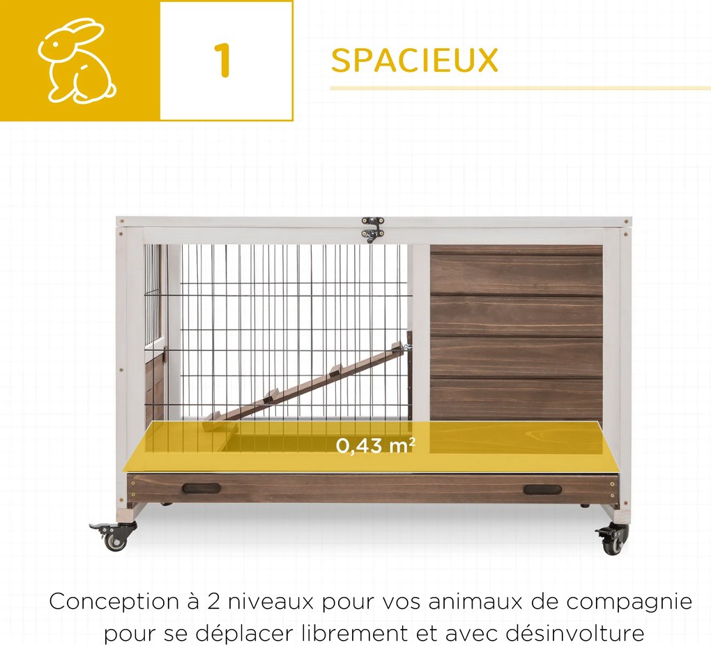 Gaiola para coelhos com rodas, 2 andares, porta com fechadura, teto abrível, tabuleiro deslizante e rampa, castanho e branco