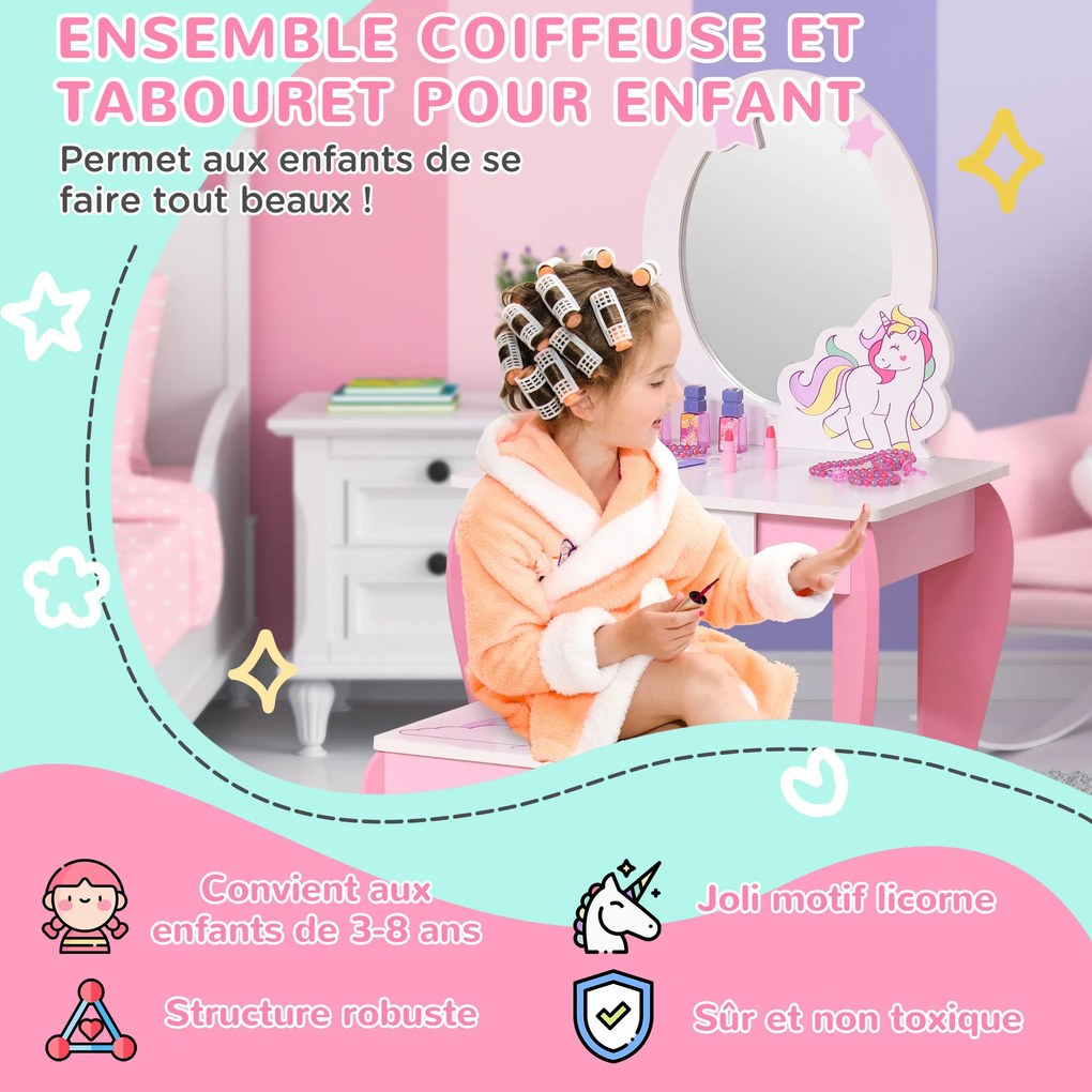 Toucador infantil com design de unicórnio - com Banco incluído 49 x 34 x 90 cm - gaveta, espelho - MDF - rosa e branco