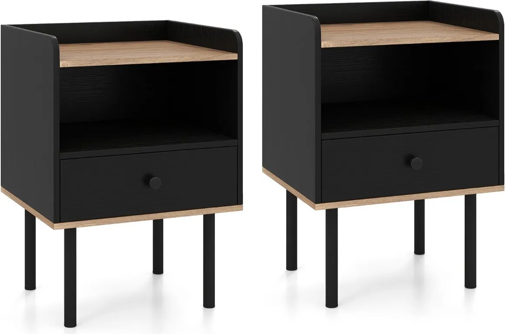 Conjunto de 2 mesas de cabeceira 40,5 x 35 x 56 cm com gaveta e prateleira aberta, pernas de metal, mesa auxiliar compacta para sala ou quarto, preta