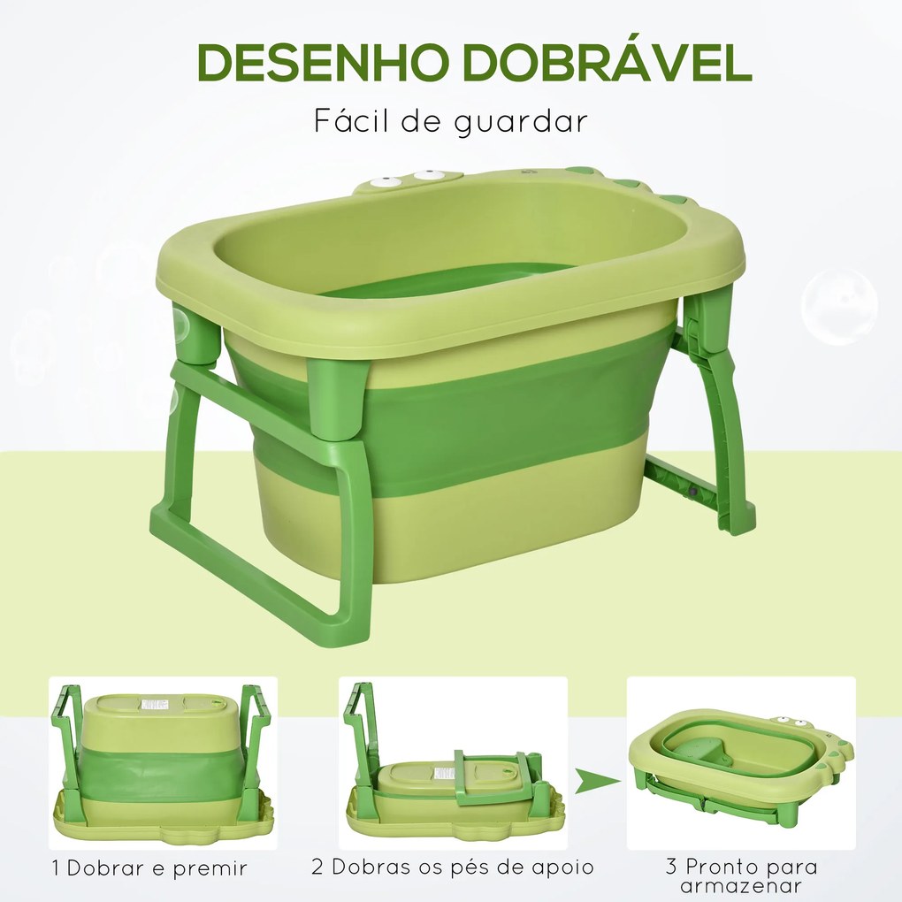 Banheira Dobrável para Bebé de 0-6 Anos Capacidade 105L Banheira Portátil para Crianças 75,3x55,4x43 cm Verde