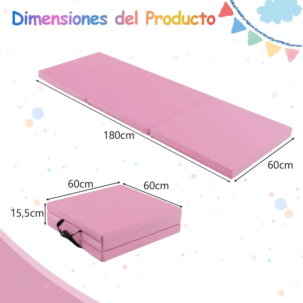 Colchão de ginástica com três dobras e alças de transporte e fechos de velcro 180 x 60 x 5 cm, rosa