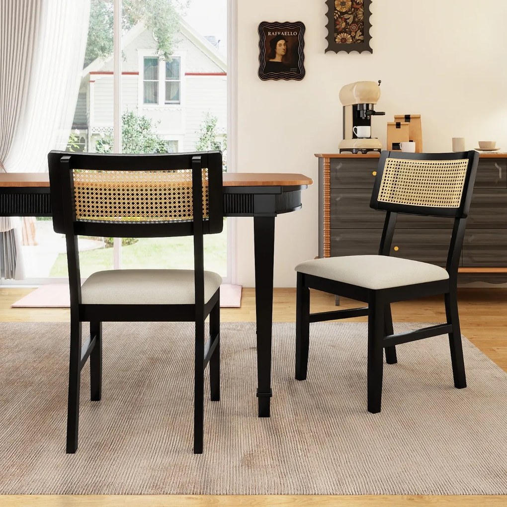 Conjunto de 2 cadeiras de jantar em rattan para cozinha, tecido acolchoado, pernas em madeira, encosto curvo, estilo rústico, preto e bege