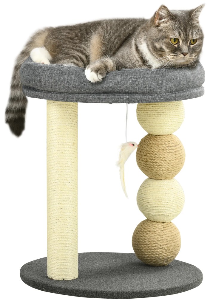 PawHut Arranhador para Gatos Pequeno Centro de Atividades para Gatos com Cama 4 Bolas e Postes de Sisal Ø40x48 cm Cinza e Bege