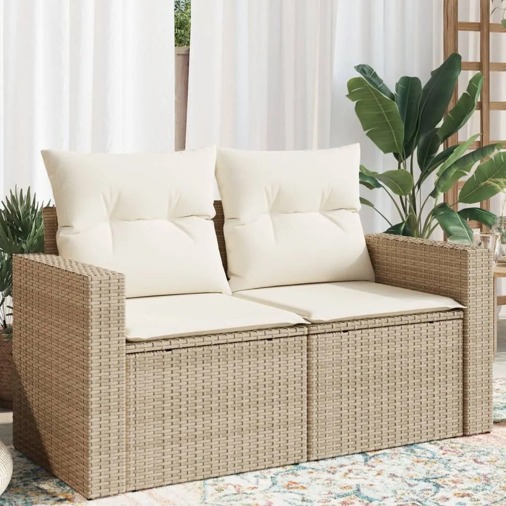 vidaXL Sofá de jardim de 2 lugares com almofadões vime PE bege