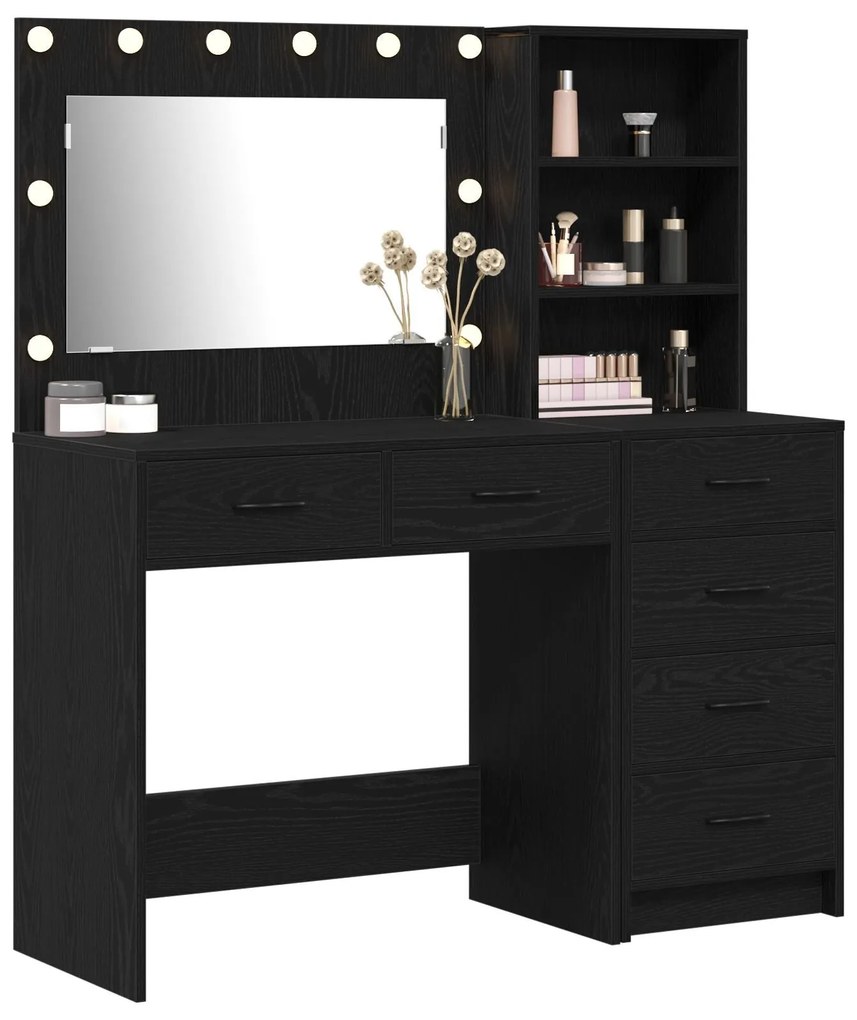 Conjunto de Mesa de Maquiagem 2 Peças com LED Preto em Madeira Estrutu