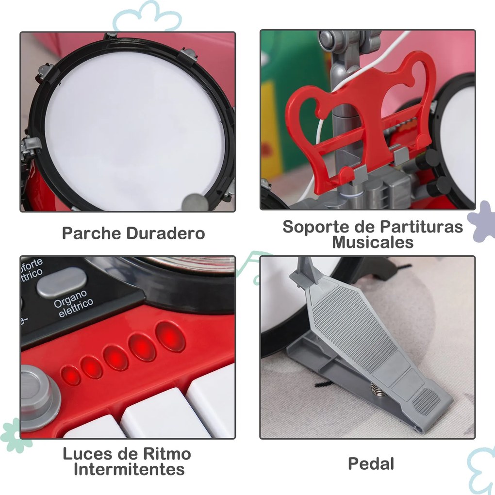 Kit de Bateria Infantil com Teclado, Microfone e Efeitos de DJ – 77,5x