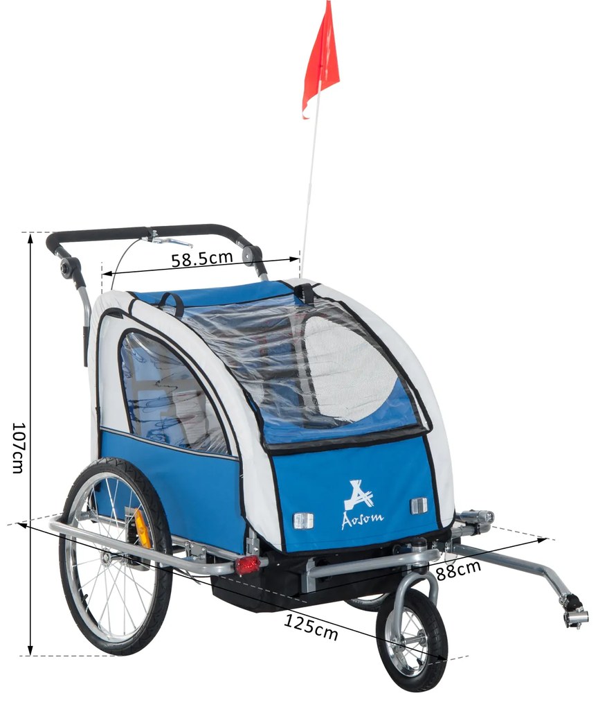 Reboque de Bicicleta para Crianças com 2 lugares e Roda 360º com Acoplamento Universal - Cinzento e Azul - 125x88x107cm