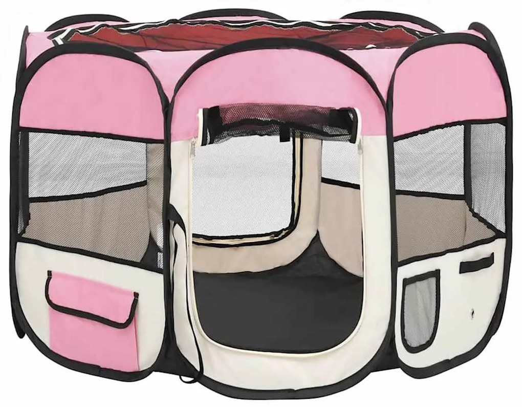 Parque dobrável p/ cão c/ saco de transporte 90x90x58 cm rosa