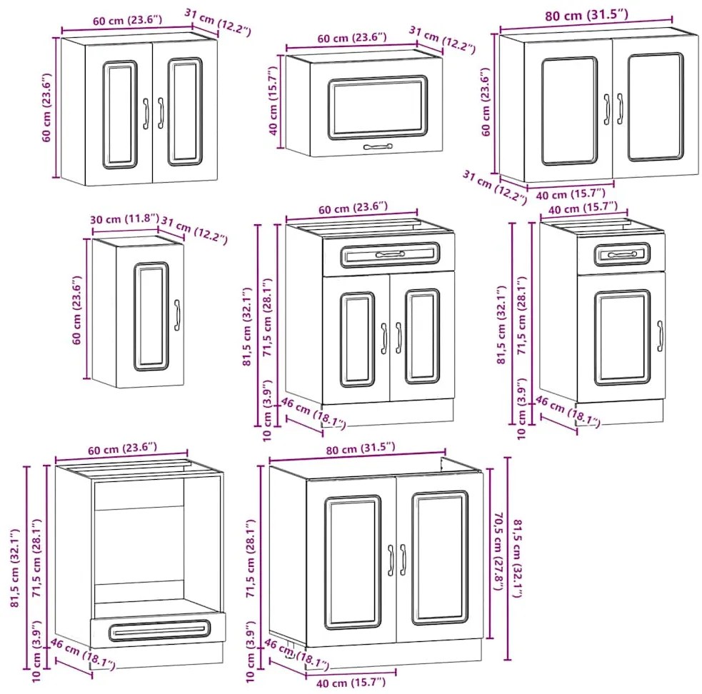 8 peças armário de cozinha conjunto Kalmar cinzento cimento