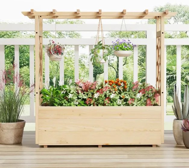 Floreira de jardim elevada com treliça, teto suspenso e drenagem de madeira para flores para pátio 118 x 40 x 103 cm Natural
