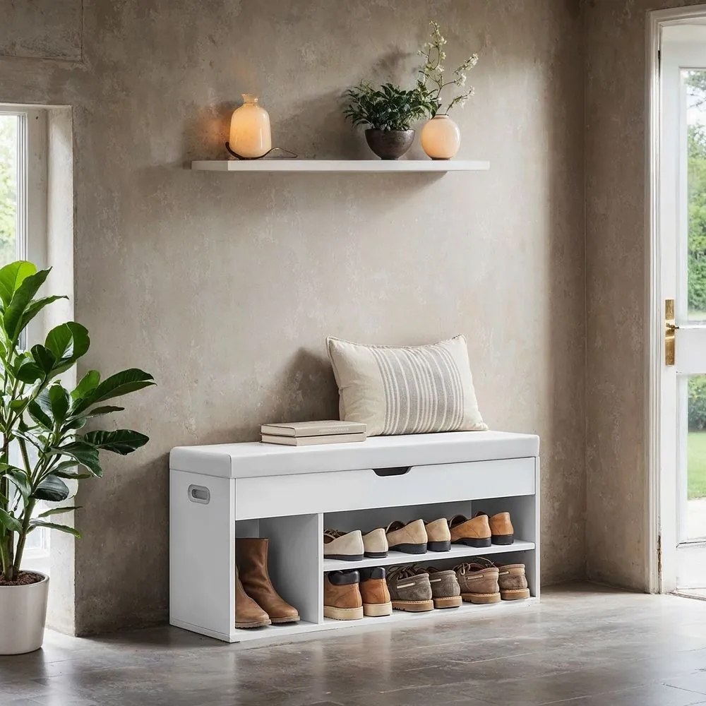 Banco sapateira com espaço de arrumação, estofado, com 3 compartimentos abertos 30 x 100 x 44 cm branco