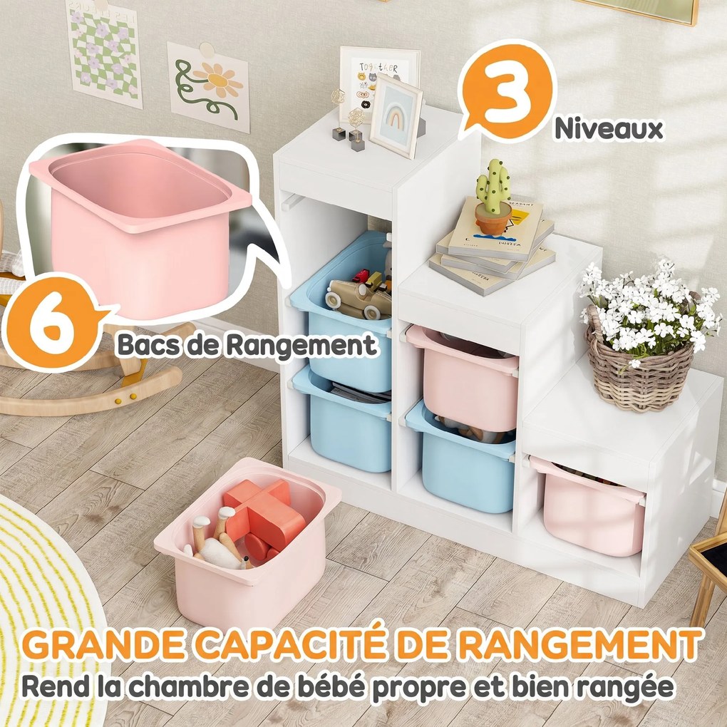 Móvel de Arrumação para Brinquedos, 96 x 38,5 x 90 cm, 6 Caixas Amovíveis, multicolorido