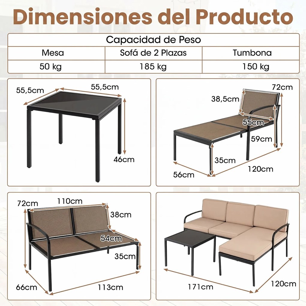 Conjunto de 3 Peças para Jardim, Sofá de 2 Lugares, Sofá em L e Mesa de Centro, 172,5 x 113 x 80 cm, Modular, Caqui