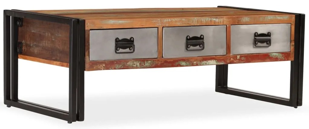 Mesa de centro 3 gavetas madeira recuperada maciça 100x50x35 cm
