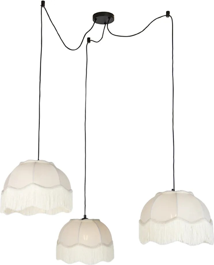 Candeeiro suspenso preto com abajur bege e interior branco 31,5cm 3-luzes - Cava