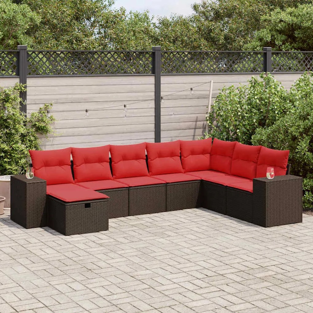 8 pcs conjunto sofás de jardim c/ almofadões vime PE castanho