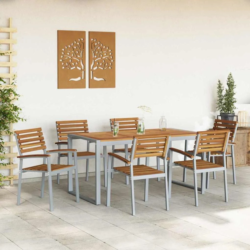 Conjunto de Jantar de Jardim 7 Peças Madeira Sólida de Acácia e Metal
