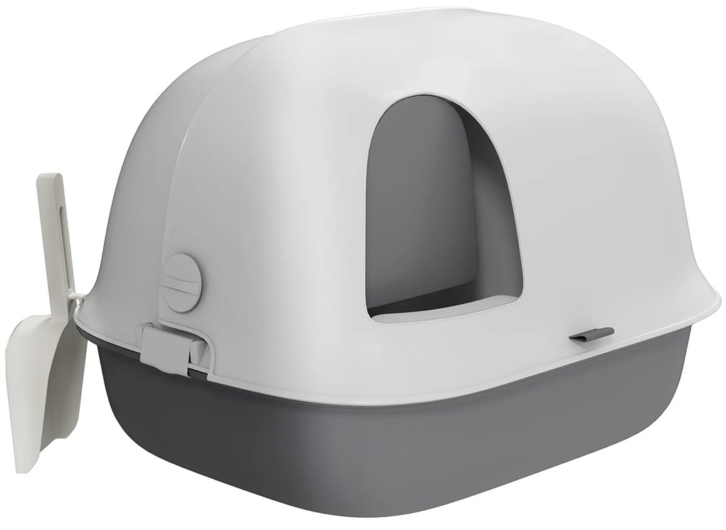 Pawhut Caixa de Areia para Gatos Casa de Banho para Gatos com Porta Pá Teto Frontal Aberto 58x46x39 cm Cinza Claro e Branco | Aosom Portugal