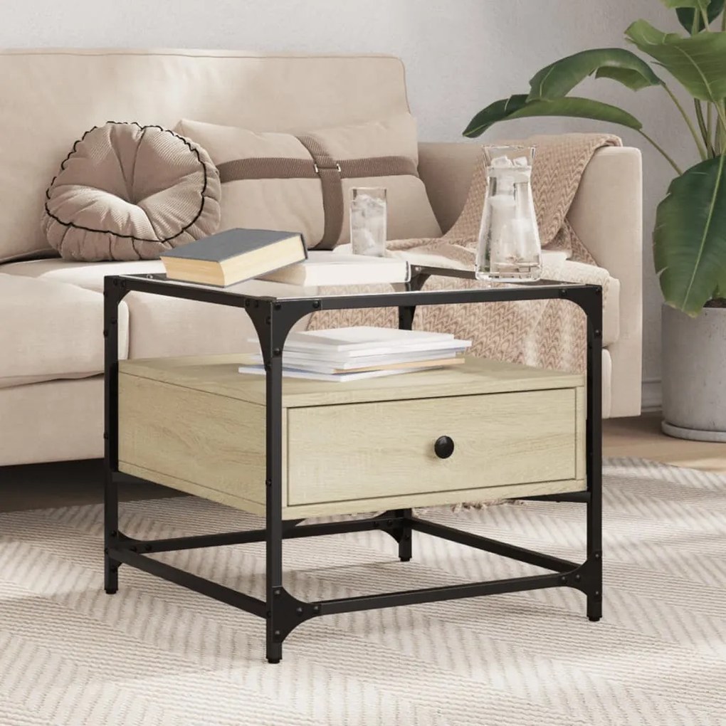 Mesa de centro c/topo de vidro 50x50x45cm carvalho sonoma aço