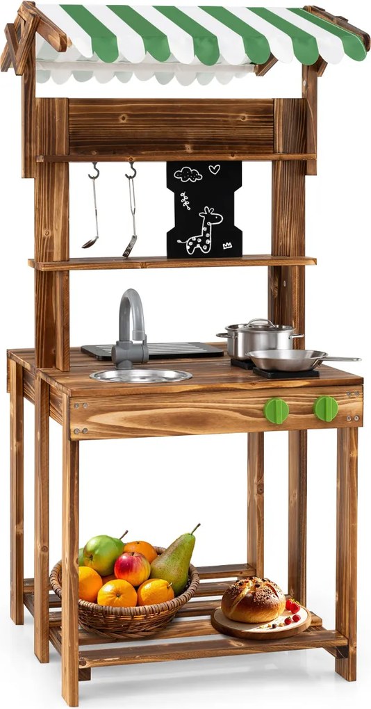 Cozinha de brincar de dupla face com churrasqueira de madeira com toldo, pia e torneira Fogão para brincar ao ar livre com acessórios Castanho
