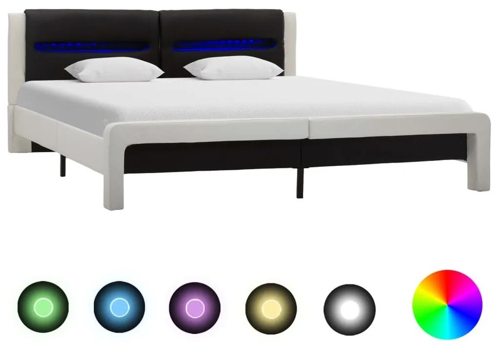 Estrutura cama c/ LED 160x200cm couro artificial branco e preto