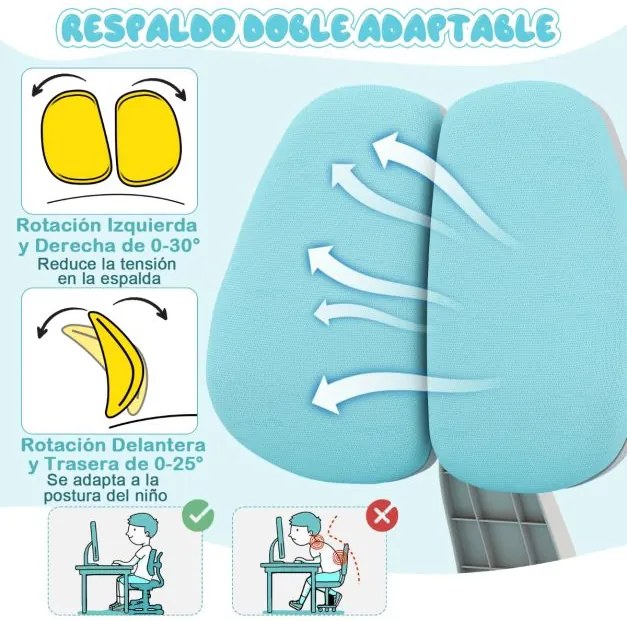 Cadeira de escritório para crianças com encosto duplo ajustável, apoio para os pés, altura e profundidade do assento ajustáveis azul