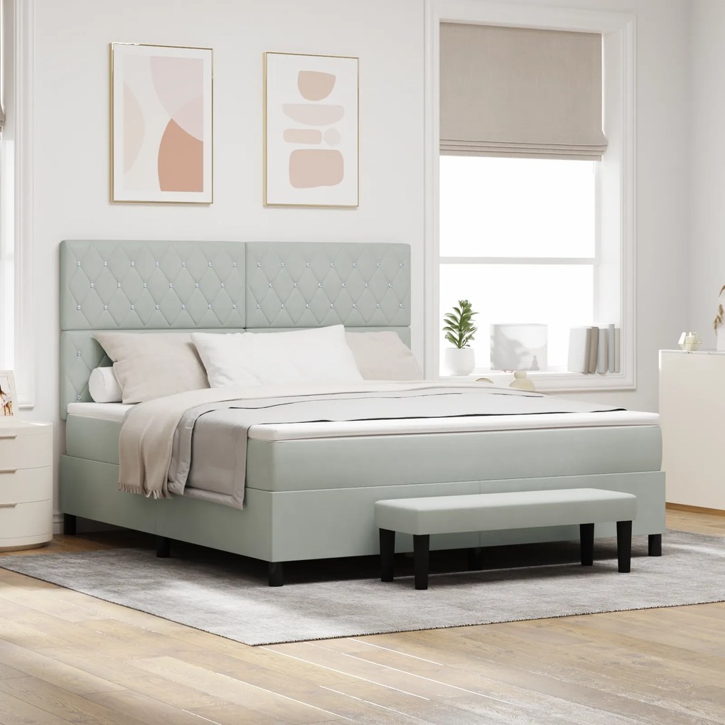 vidaXL Cama Box Spring com Colchão e Banco Cinza Claro 180x200 cm Veludo