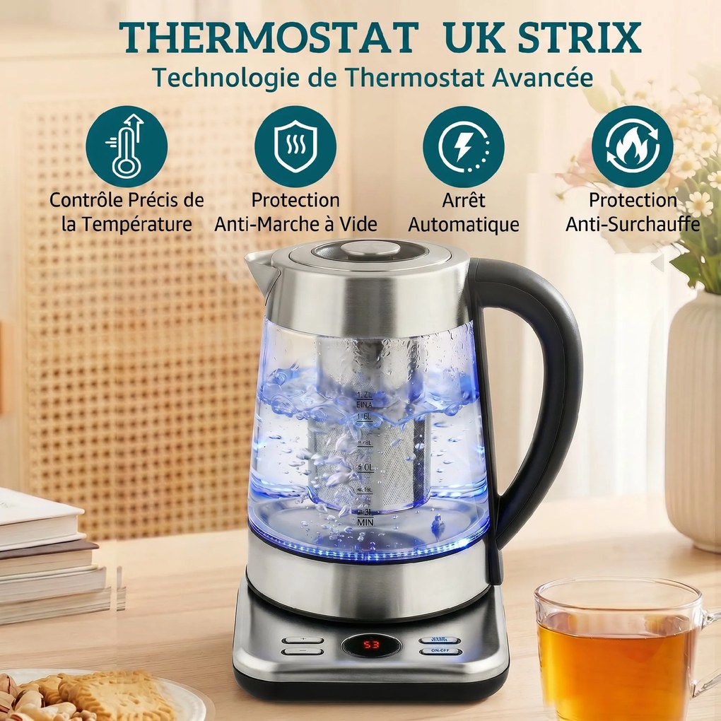 Chaleira elétrica, 1,7 L, aquecimento rápido de 2200 W com termostato Strix, infusor de chá, função de manutenção do calor