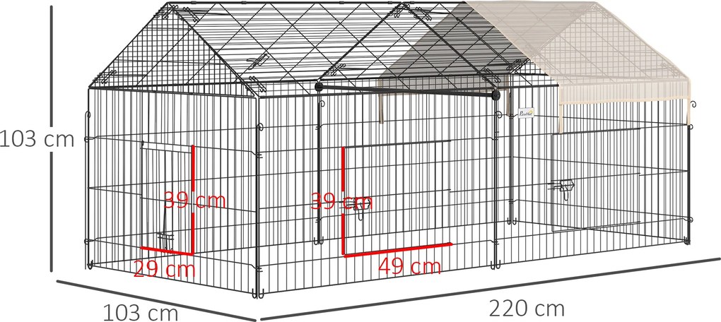 Gaiola para animais de estimação, estrutura em metal galvanizado, inclui 4 estacas de fixação ao solo, 220 x 103 x 103 cm, preto e bege