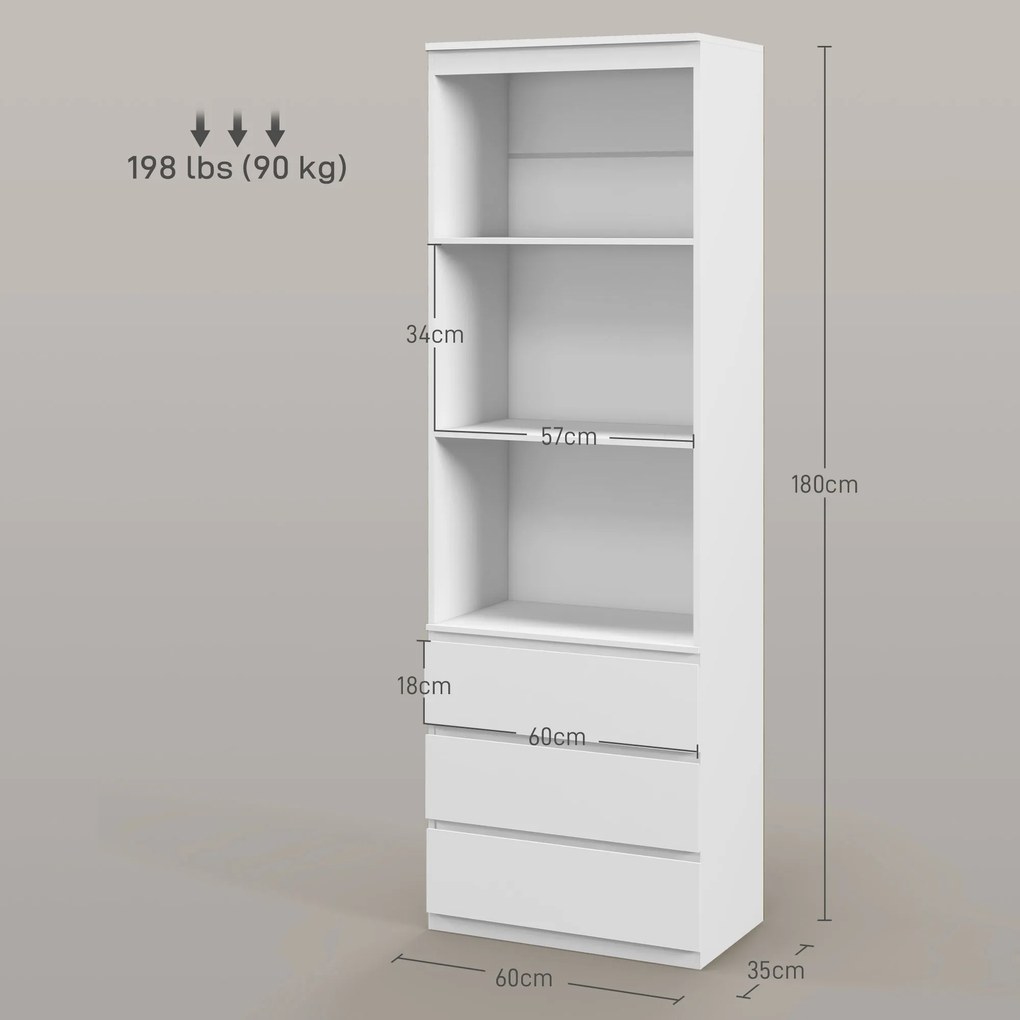 Estante com 180 cm de altura, com 3 prateleiras e 3 gavetas, 60 x 35 x 180 cm, em madeira branca