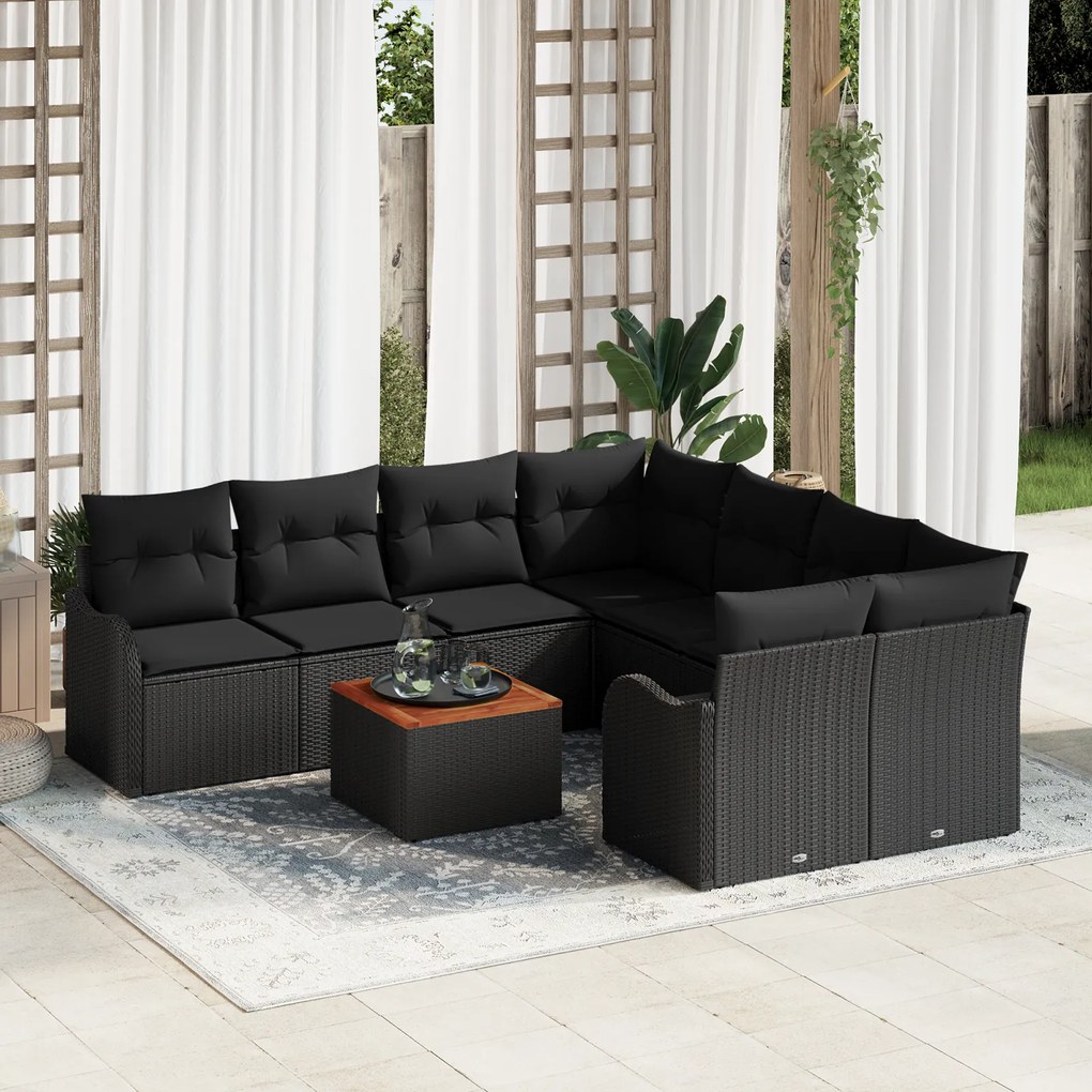 Conjunto de Sofá para Jardim vidaXL de 9 peças com Almofadas Preta Vim
