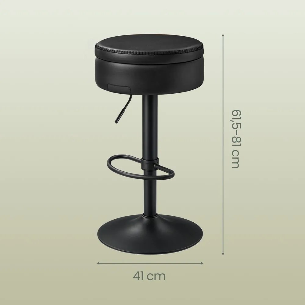 Banco de bar giratório em 360°, 41 x 41 x (61,5-81) cm com altura ajustável, com espaço de arrumação preto