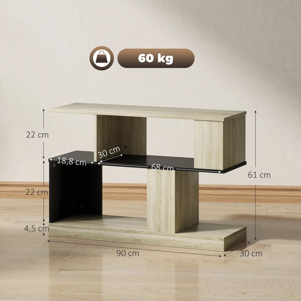 Mesa auxiliar em forma de S, com 3 prateleiras de arrumação, 90 x 30 x 61 cm, efeito de madeira natural preta