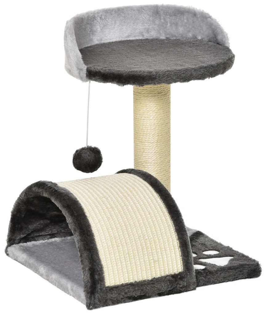 PawHut Árvore Arranhador para Gatos de 2 Níveis com Poste e Tapete de Arranhar Cama e Bola Suspensa 35,5x37x46 cm Cinza