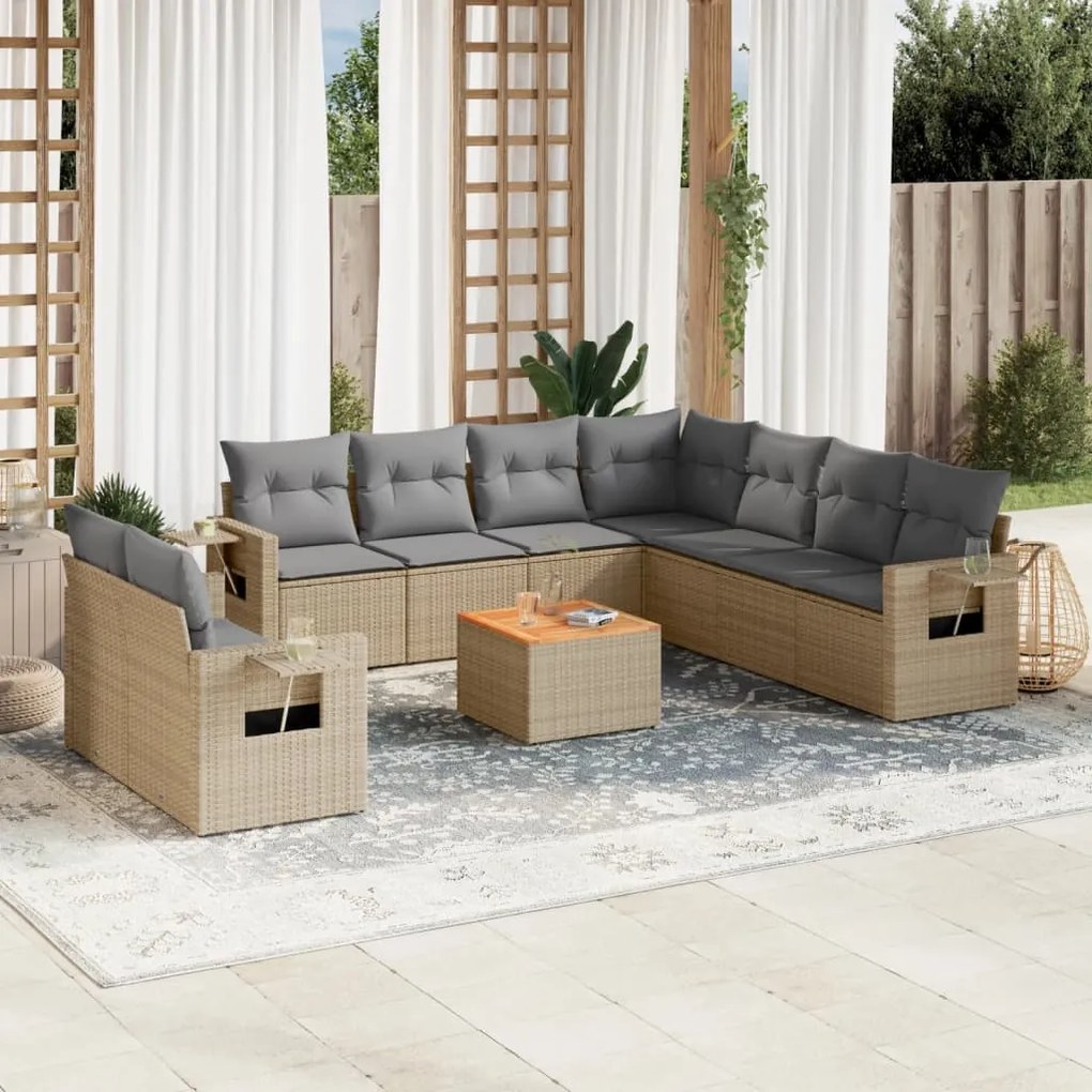 10 pcs conj. sofás jardim c/ almofadões vime PE bege misturado