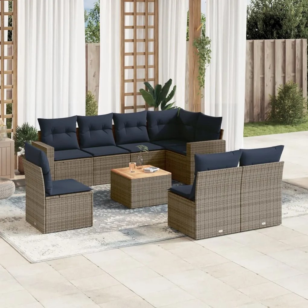 9 pcs conjunto sofás p/ jardim c/ almofadões vime PE cinzento