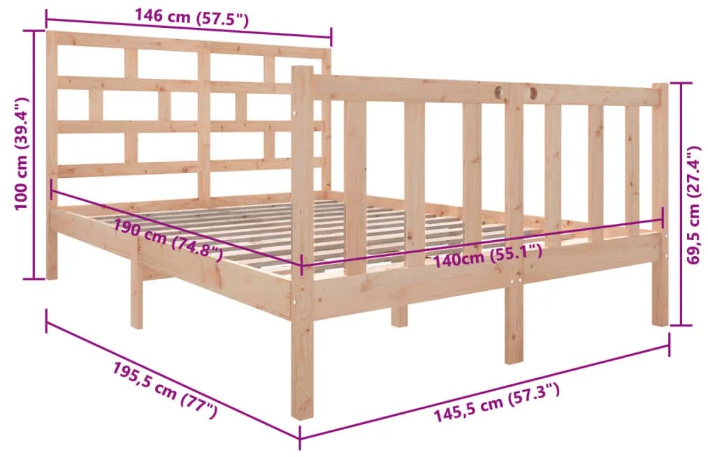 Estrutura de cama 140x190 cm pinho maciço