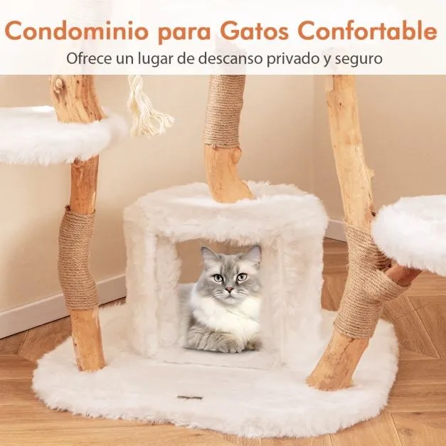 Arranhador de madeira maciça para gatos 168 CM com poleiro Caverna e Postes de arranhar 6 camadas Bola suspensa branca