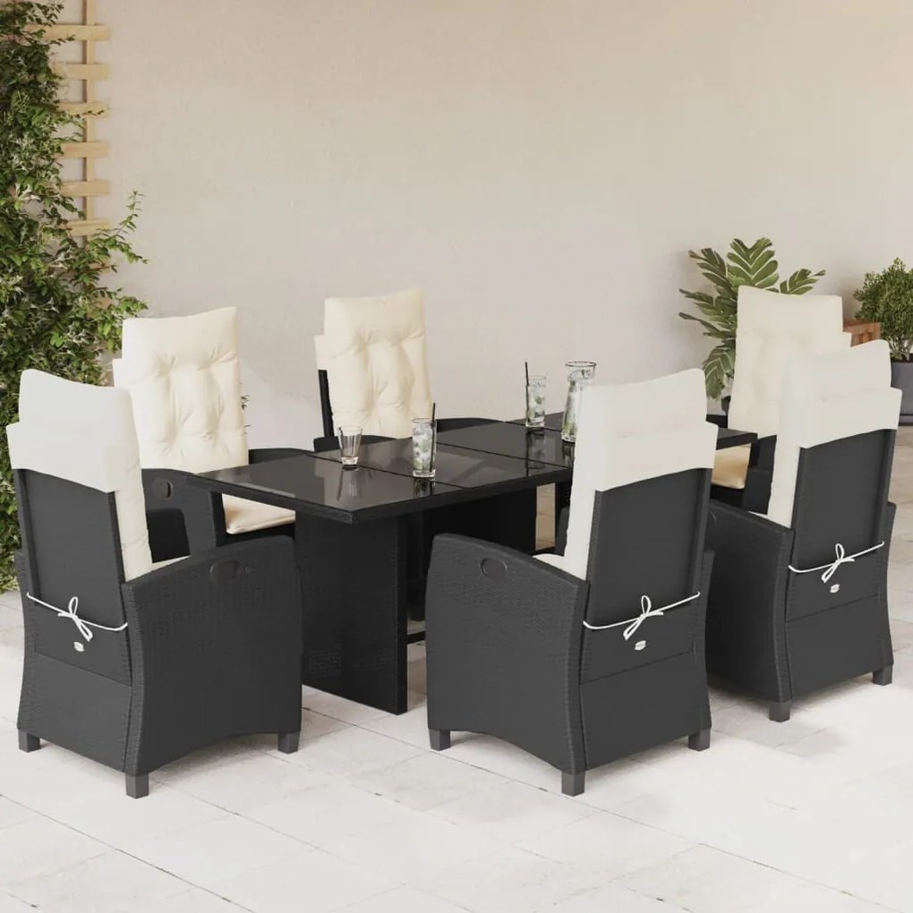 7 pcs conjunto de jantar p/ jardim c/ almofadões vime PE preto