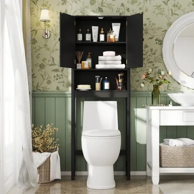 Armário casa banho sobre sanita 60 x 23 x 168 cm com portas caneladas, prateleira ajustável e economizador de espaço Preto
