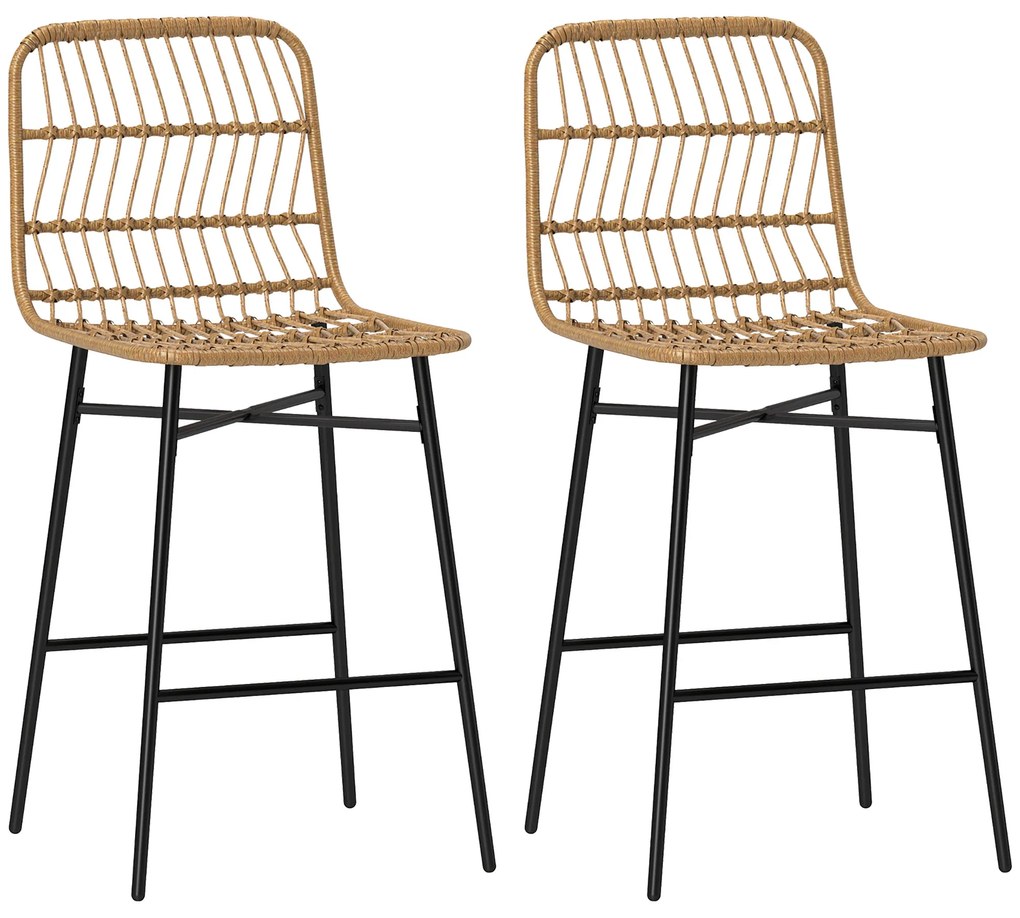 HOMCOM Conjunto de 2 Bancos Altos de Cozinha Bancos de Bar com Encosto e Assento em Vime Sintético 43x56x101 cm Marrom Claro | Aosom Portugal