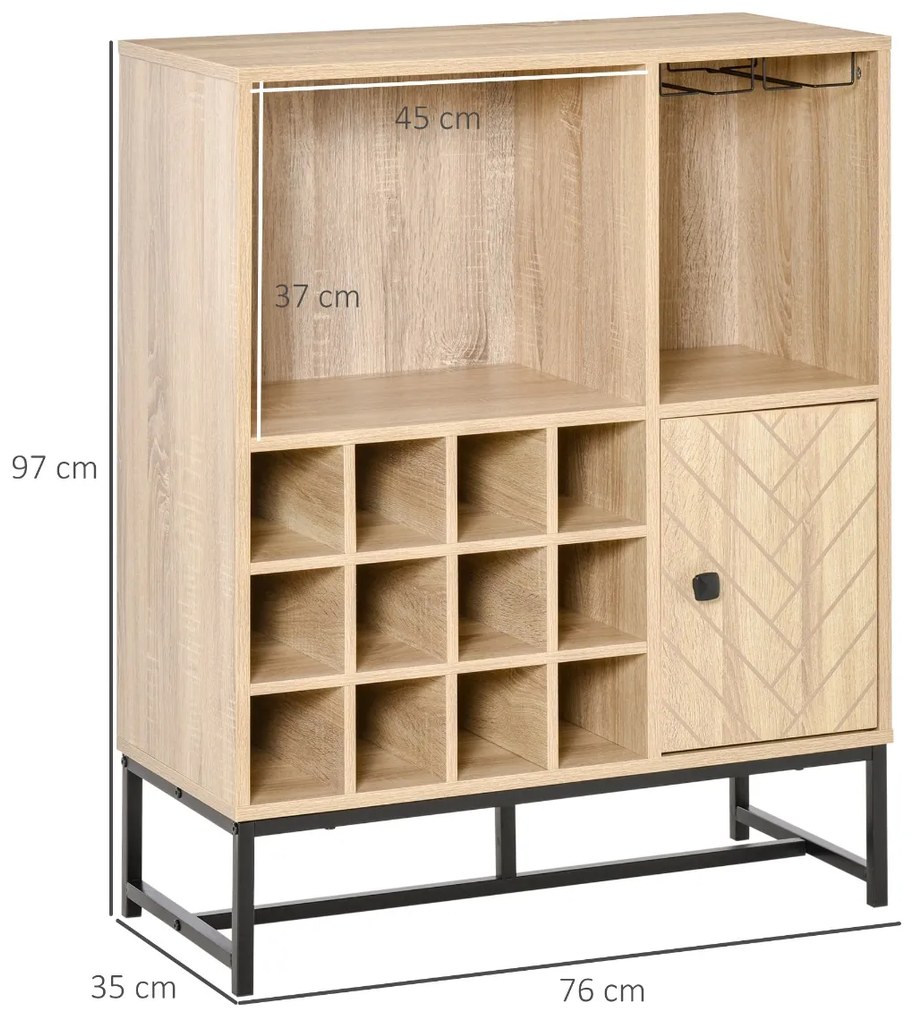 Aparador de Cozinha Armário com 1 Porta Prateleiras Abertas Suporte para 12 Garrafas e 6 Taças de Vinho para Sala de Jantar Bar Restaurante 76x35x97cm