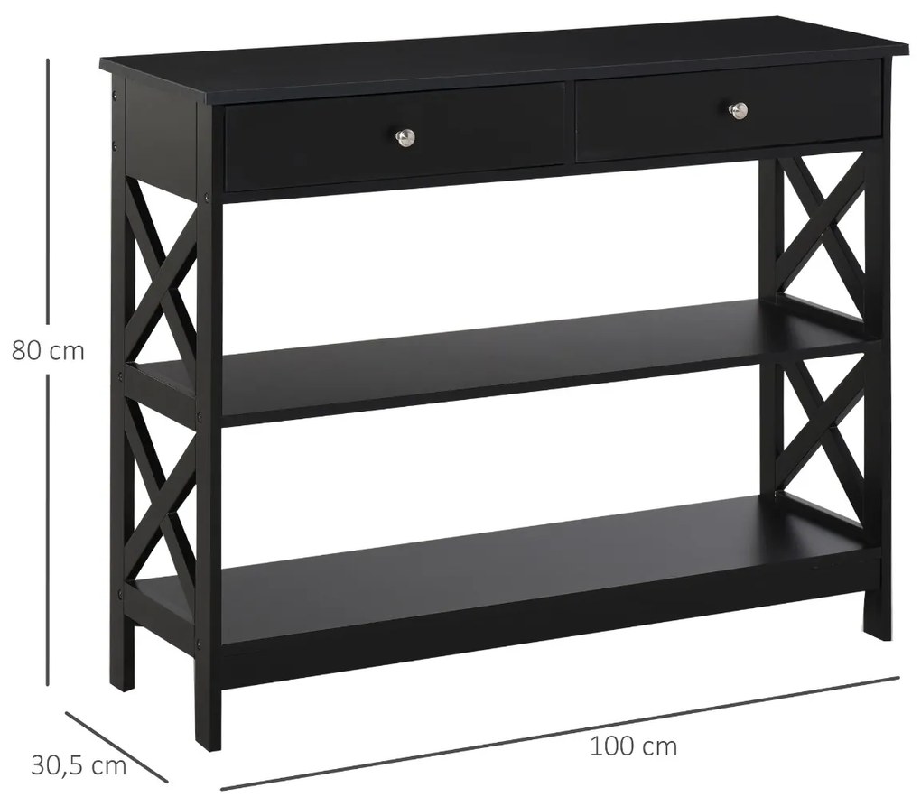 Consola de Entrada com 2 Gavetas e 2 Prateleiras Inferiores Mobiliário Moderno Base Elevada Anti-Inclinação 100x30,5x80 cm Preto